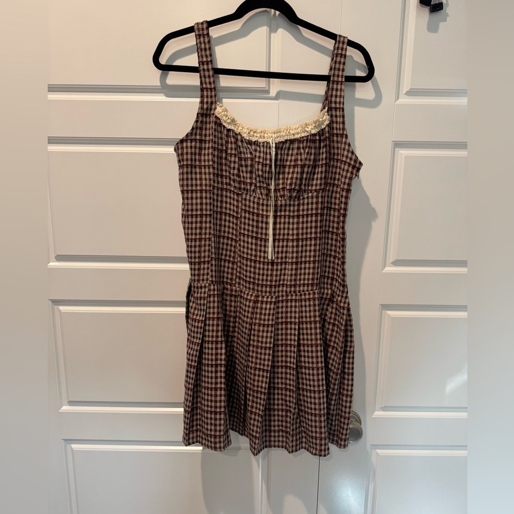 Passport Gingham Brown/ Cream Milkmaid Pleated Skirt Mini Dress Size Large